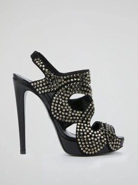 8.5 Just Cavalli Studded Caged Black High-Heel Slingback Sandals,IT 39 Like new.